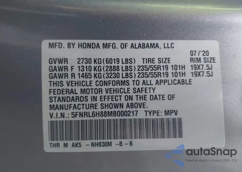 2021 Honda Odyssey Touring from USA, damaged, VIN 5FNRL6H88MB000217